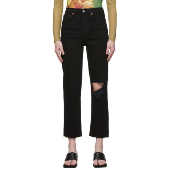 NEW Re Done 70s Stove Pipe Button Fly Jeans 24 Rip Torn Raw Fray Hem Knee Skater - Picture 1 of 11